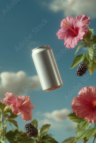Fototapeta a sparkling water can suspended in air, surrounded by an elegant burst of flowers, advertisement mock up