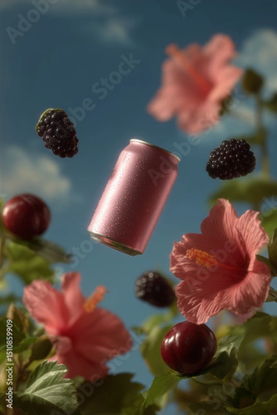 Fototapeta a sparkling water can suspended in air, surrounded by an elegant burst of flowers, advertisement mock up