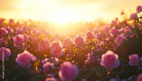 Fototapeta A stunningly vibrant rose garden with various roses in full bloom under clear blue skies, with soft, natural light enhancing the colors and textures of the flowers. 