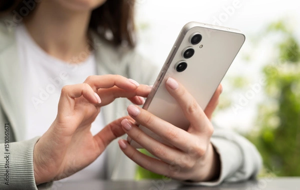 Fototapeta Close-up of hands holding and using a modern smartphone outdoors, showcasing technology and connectivity in daily life 
