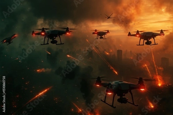 Obraz ドローン群が都市を攻撃する空中戦のイメージ