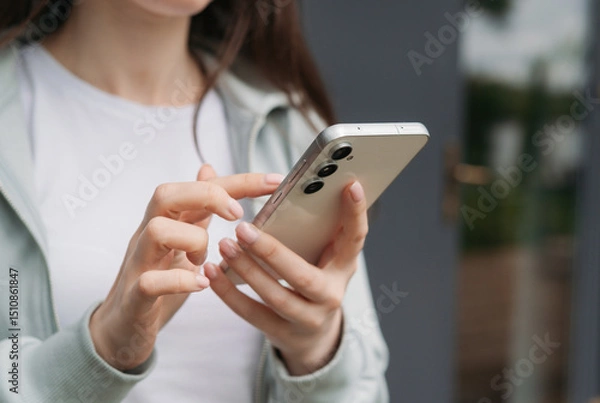 Fototapeta Close-up of hands holding and using a modern smartphone outdoors, showcasing technology and connectivity in daily life 