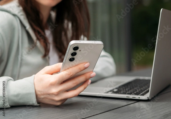 Fototapeta A person using a smartphone while sitting with a laptop on a wooden table outdoors, symbolizing multitasking and modern technology.
