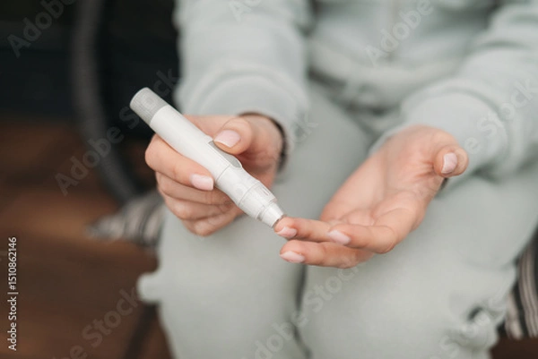 Fototapeta A person using a glucometer to check blood sugar levels, emphasizing healthcare, diabetes monitoring, and self-care practices.