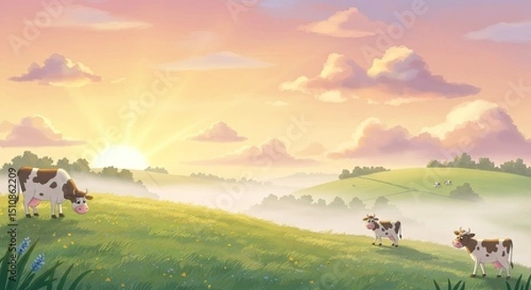 Obraz Idyllic sunrise over misty pasture with cows grazing in countryside landscape