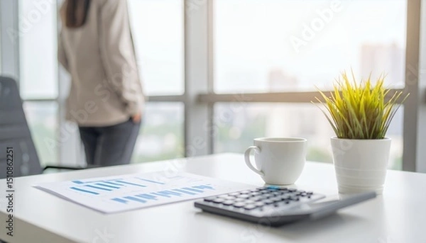 Obraz Businesswoman Contemplates Strategy with Financial Data in Bright Office Setting