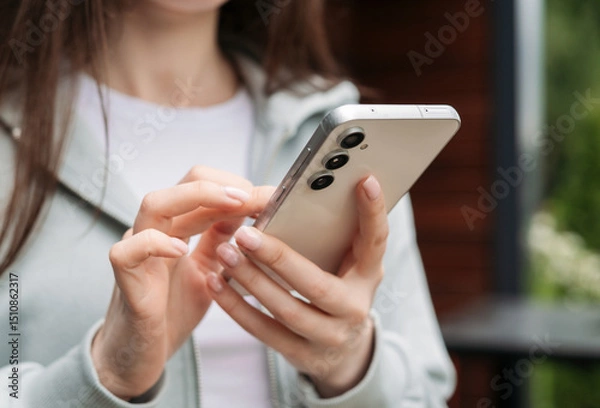 Fototapeta Close-up of hands holding and using a modern smartphone outdoors, showcasing technology and connectivity in daily life.