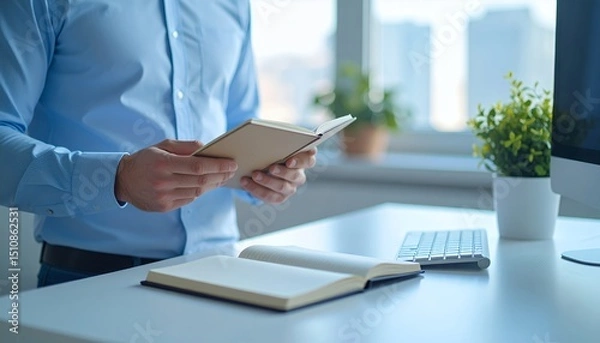 Obraz Focused professional consulting notes and planning with office elements indoors