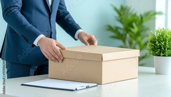 Obraz Relocation scene with a businessman packing belongings into cardboard box