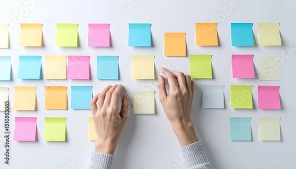 Obraz Project Planning and Organization with Colorful Sticky Notes on a White Wall