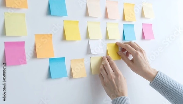Obraz Colorful adhesive notes on a white wall for brainstorming and planning sessions