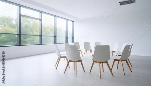 Obraz Minimalist meeting space: White chairs form a circle near a large window