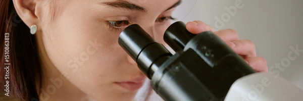 Obraz Young woman closely observing through microscope in lab setting. Capturing focused moment during scientific research, emphasizing concentration and attention to detail