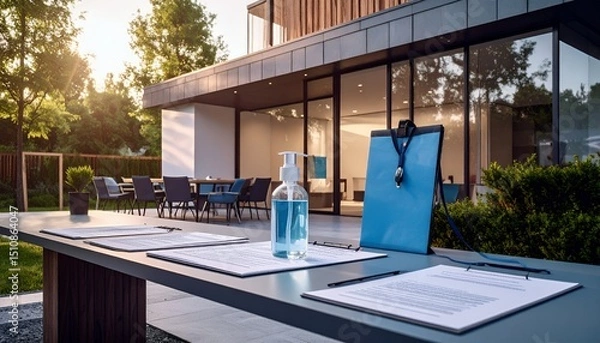 Obraz Outdoor event registration table with sanitizer and consent forms in natural light