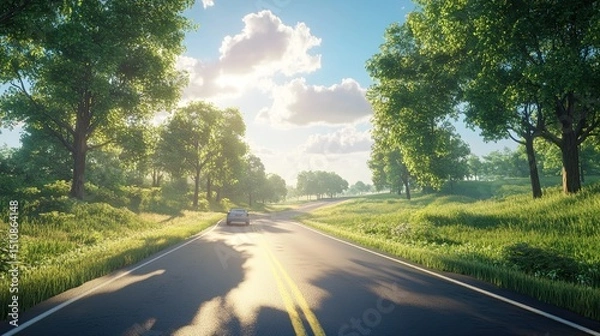 Fototapeta A summer road trip with a car driving down a sun-dappled highway surrounded by lush, green fields. A road trip on a sun-dappled highway with a car surrounded by lush green fields.