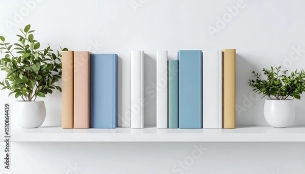 Obraz Elegant display of decorative books and green plants in a minimalist style shelf