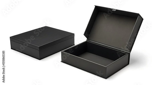Fototapeta Two black cardboard gift boxes, one open, one closed