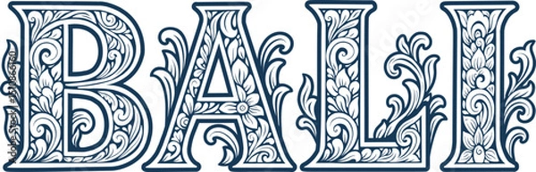 Fototapeta Elegant Monochrome Balinese Lettering Spelling “BALI” with Traditional Floral Ornament Inside in Blue Ink Style