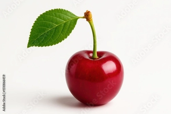Fototapeta Single Ripe Red Cherry with a Fresh Green Leaf and Stem Attached Perfectly Isolated on a Clean White Background Close-up