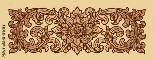 Fototapeta Vector Traditional Balinese Floral Ornament with Lotus Motif and Curved Leaf Scrolls on Beige Background