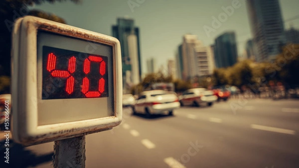 Obraz Digital Street Thermometer Showing Forty Degrees Red Display Urban Heat Wave City Background Traffic Blur