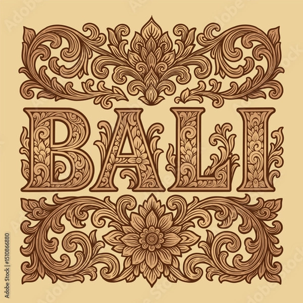 Fototapeta Vector Traditional Balinese Floral Ornament with Lotus Motif and Curved Leaf Scrolls and Bali Decorative Font with Ornamental Floral Pattern in Traditional Indonesian Style on Beige Background