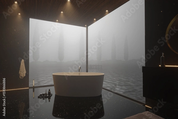 Fototapeta Elegant bathroom with freestanding bathtub in front of beautiful lake in the morning fog. 3D Rendering