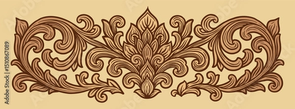 Fototapeta Vector Classic Balinese Ornamental Decoration with Stylized Tropical Leaves and Ethnic Motif on Beige Background