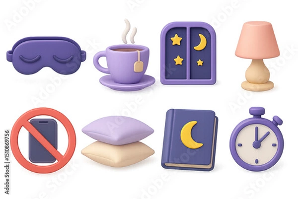 Fototapeta Healthy Sleep Icons. 3D icon set of healthy sleep habits: sleep mask, bedtime tea, starry window, dim lamp, no