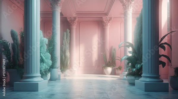 Obraz Elegant neoclassical interior with pink and blue columns and tropical plants in vaporwave aesthetic