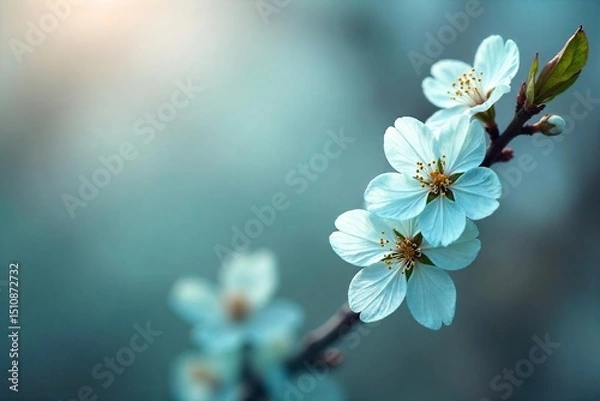 Obraz Vibrant teal colored spring blossoms on a blossoming branch, soft focus background, fresh, new growth, springtime freshness , vibrant, focus