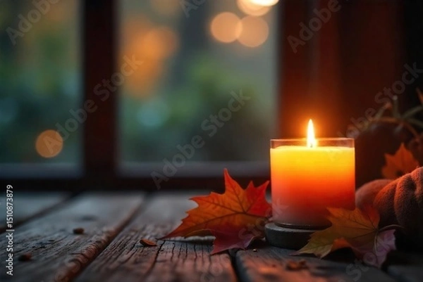 Obraz Cozy autumn evening scene with a flickering hearth candle casting a warm glow on a rustic wooden surface Perfect for fall, home decor, and hygge themes , ambiance, wood, december