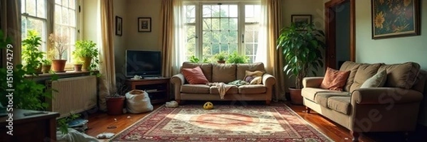 Obraz A messy, unkempt living room with scattered clothes, overflowing trash cans, and neglected houseplants; clear signs of a neglected home , disarray, garbage