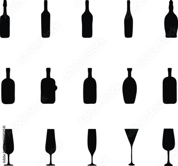 Obraz Silhouette Wine and Cocktail Glasses & Bottles Icon Set