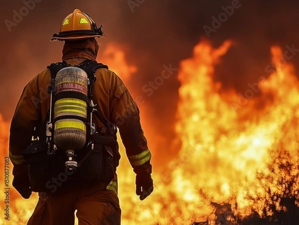 Fototapeta Firefighter stands against raging flames during wildfire response while smoke fills the air and the sun sets in the background