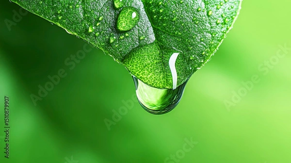 Fototapeta Macro close up of water droplet hanging from green leaf illustrating freshness hydration and environmental natural beauty photography for wellness and eco content