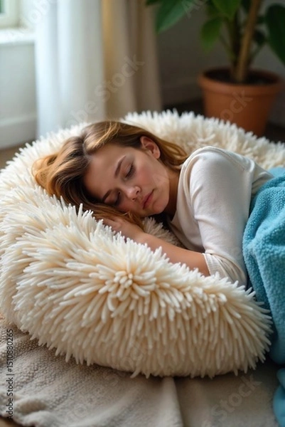 Obraz A fluffy, oversized cushion provides a comfortable, impromptu sleeping spot; perfect for naps or lounging Ideal for relaxation and comfort , cushion, relaxation therapy, lounging