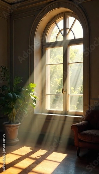 Fototapeta Sunlight streams through a large window, illuminating dust motes dancing in the bright rays The scene is peaceful and serene, perfect for a calming atmosphere , house, bright room, curtain