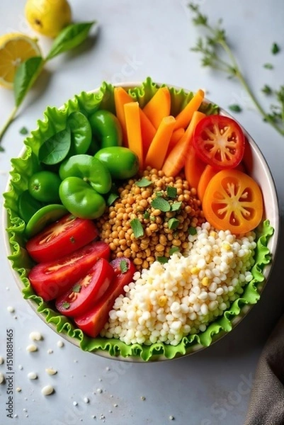 Obraz A vibrant and healthy lunch spread featuring a colorful array of fresh vegetables, grains, and protein, perfect for a nutritious and satisfying midday meal , broccoli, delicious