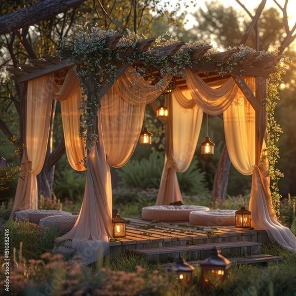 Fototapeta cozy outdoor pergola with draped fabric and lanterns, golden hour sunlight, realistic style, warm beige and orange tones, angled composition with negative space at sides