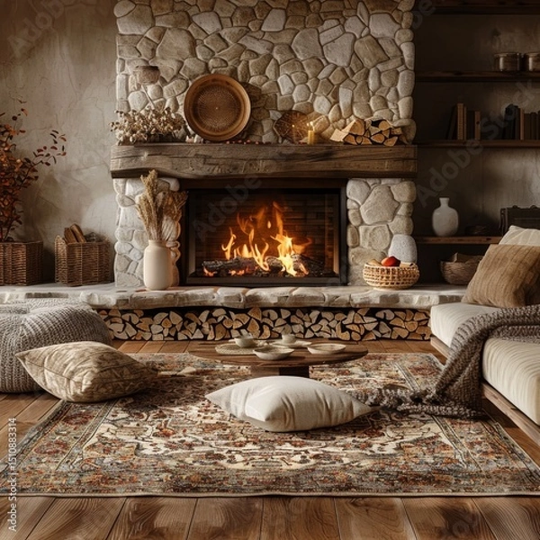 Fototapeta cozy living room with stone fireplace and wool rugs, warm firelight, realistic style, earthy brown and beige tones, centered composition with negative space at bottom