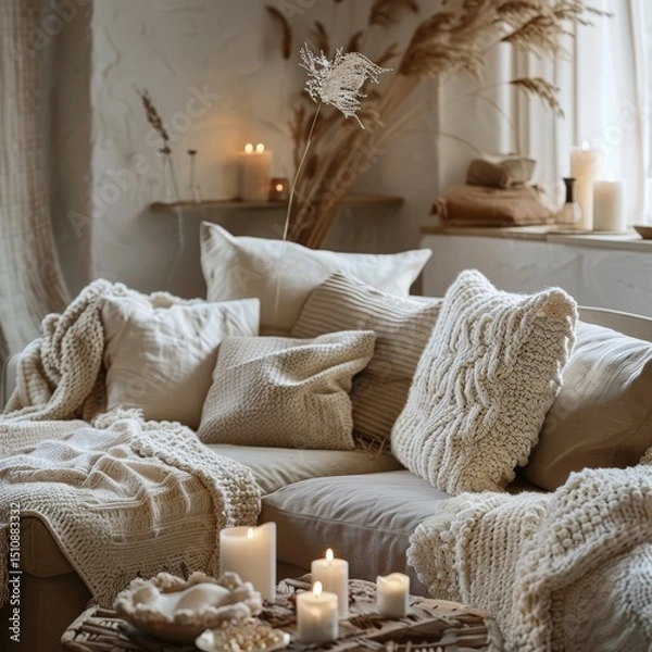 Fototapeta cozy living room with plush sofa and knitted throws, warm candlelight, realistic style, earthy brown and cream tones, centered composition with negative space at bottom