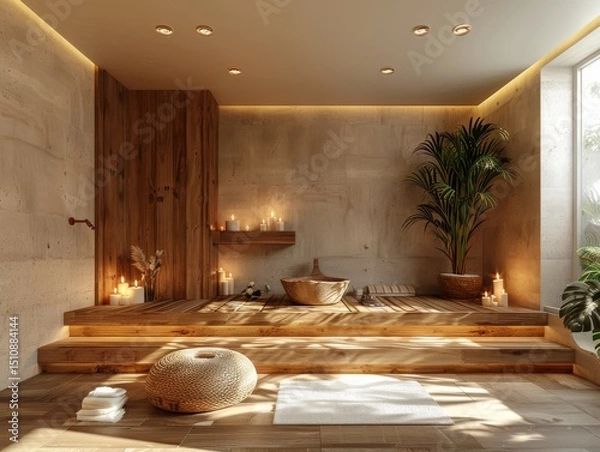 Fototapeta cozy home spa with wooden sauna and candles, soft ambient lighting, realistic style, warm brown and beige tones, angled composition with negative space at top,