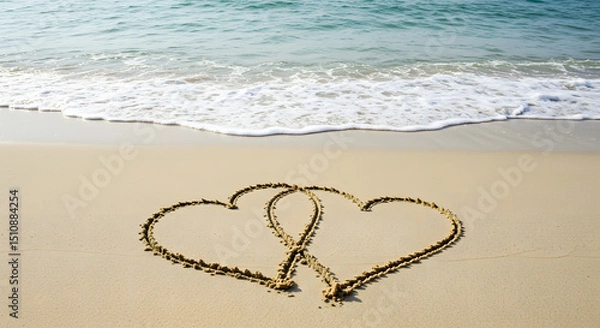 Obraz Romantic beach scene with two hearts drawn in the sand near the ocean waves, perfect for Valentine's Day or wedding themes.