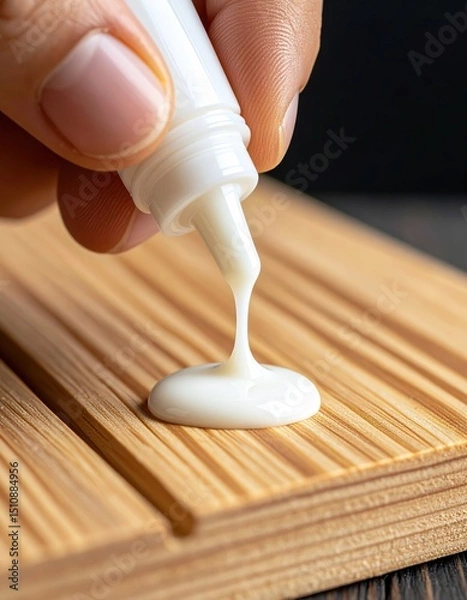 Fototapeta Close-up of wood glue application on wooden planks for diy projects