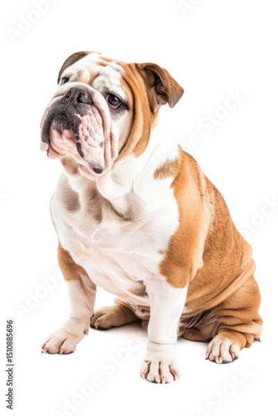 Obraz An adorable brown English bulldog puppy sits on a white background, a cute purebred canine studio portrait