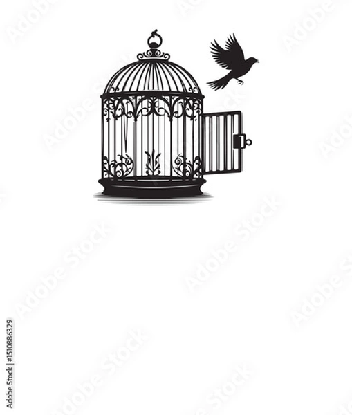 Fototapeta Silhouette of Open Cage with Bird Flying Away, no shadow , isolated on a white background