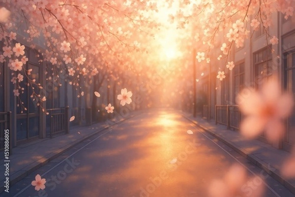 Obraz 桜並木の通り、舞い散る花びらと春の光