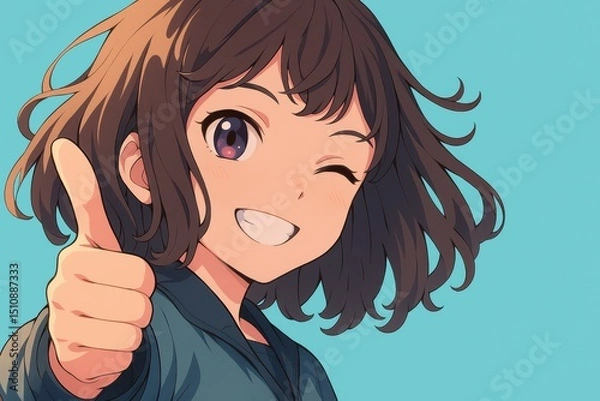 Obraz 笑顔で親指を立ててウインクするアニメ風の女性、水色の背景