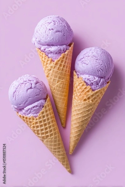 Fototapeta Three ice cream cones filled with creamy lavender-colored ice cream, arranged artistically on a pastel pink background, showcasing a delightful dessert experience